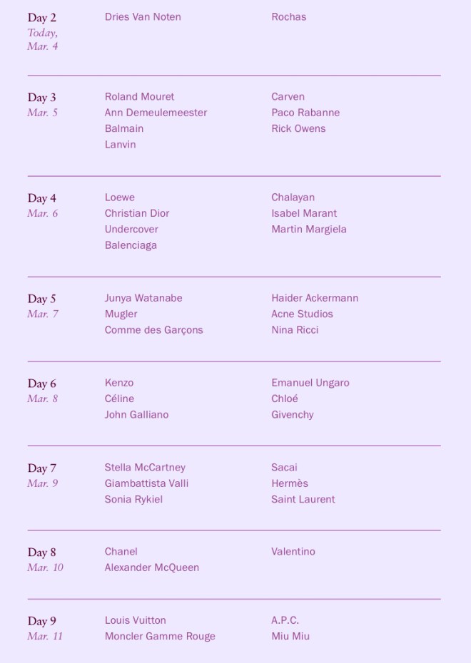 Fashion Week Schedule